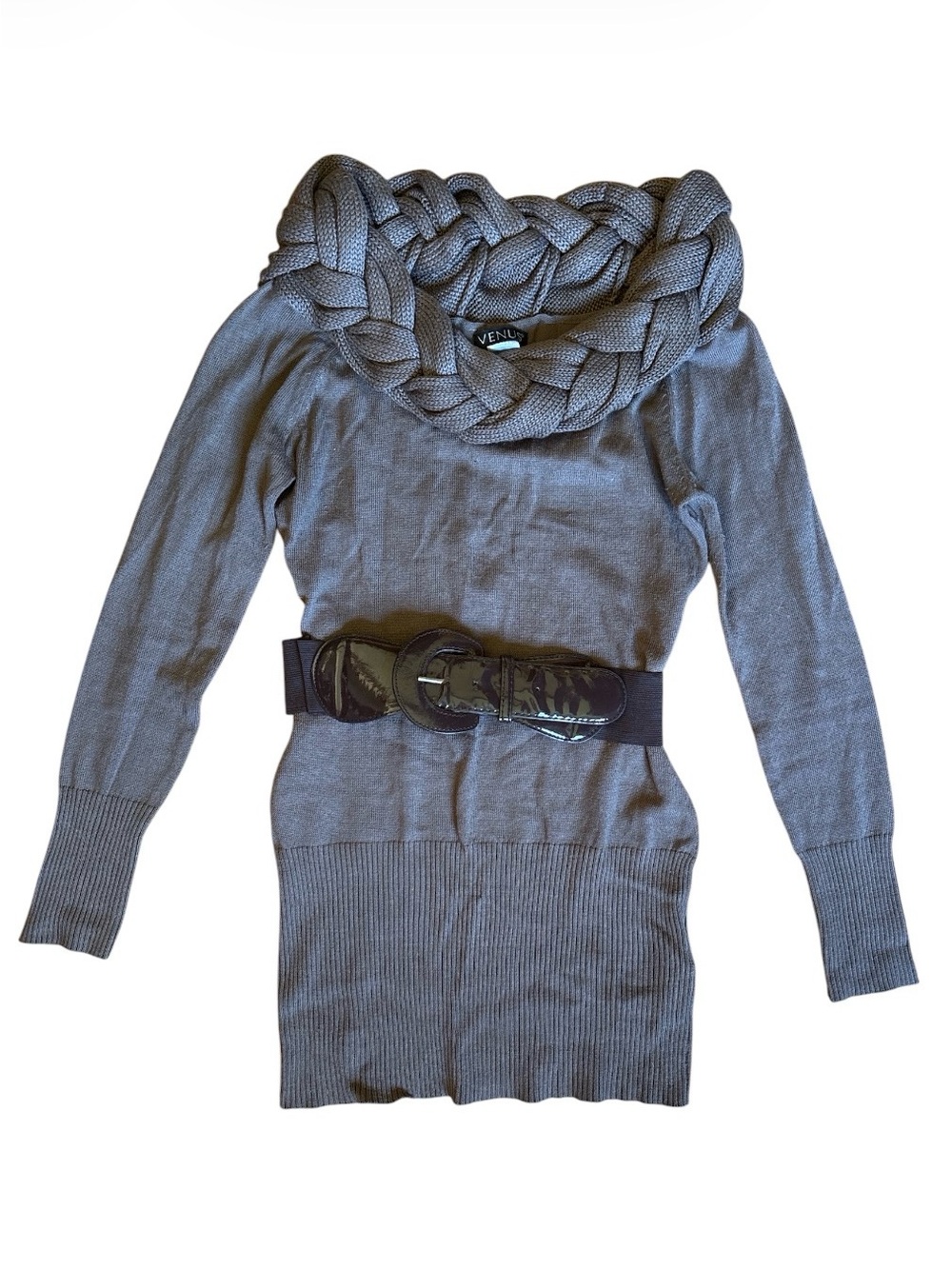 Venus Womens Braided Chunky Neck Knit Sweater Brown Dress with Belt Small